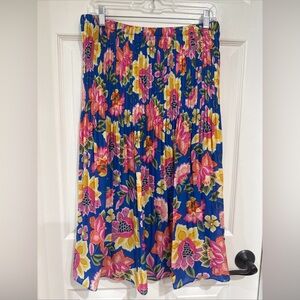 ELLE Womens L Pull On Midi Pleated Skirt Lined Blue Multi Floral Bright Colorful
